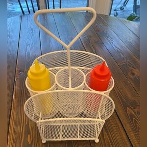 White Metal Condiment Caddy with Red and Yellow Bottles